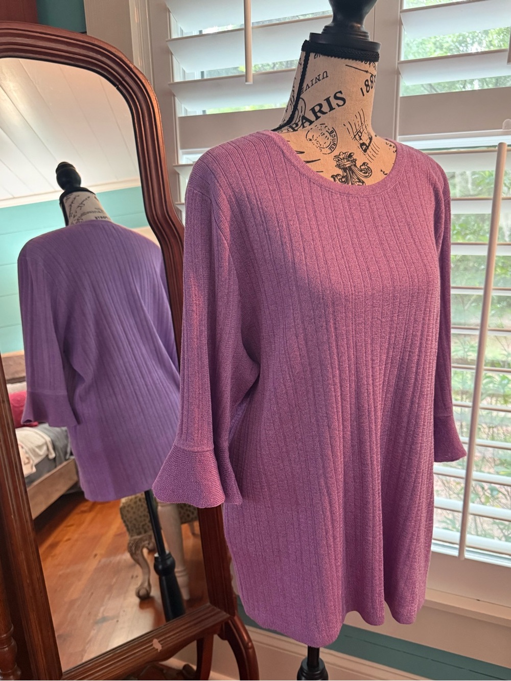 Glittery Lilac Ribbed Knit Top with Flared Sleeves